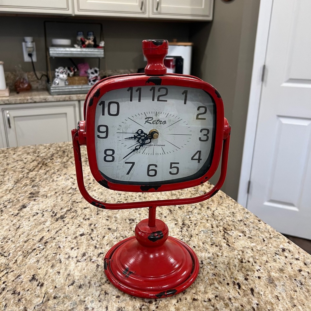 Retro Red Metal Tabletop‎ Swivel Clock Distressed Farmhouse Decor Item 34895